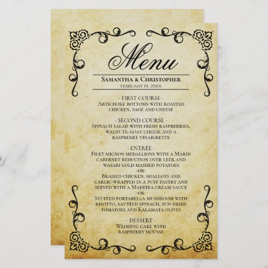 Vintages Menü "Parchment & Scrolls Budget Wedding" (Vorne/Hinten)