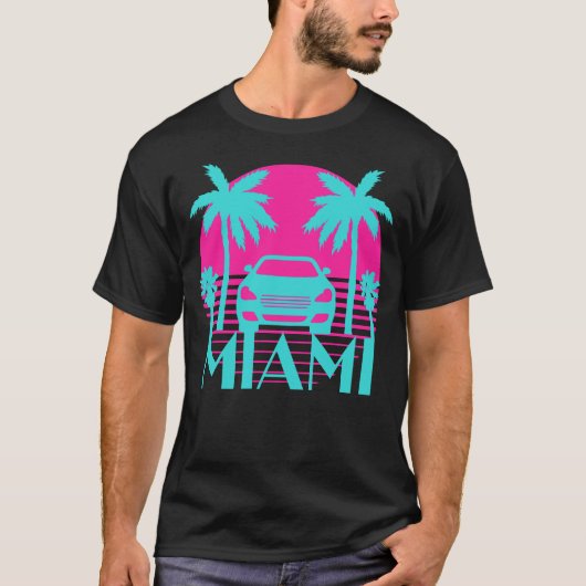 Vintages Miami Sunset Car und Palmen T-Shirt (Vorderseite)