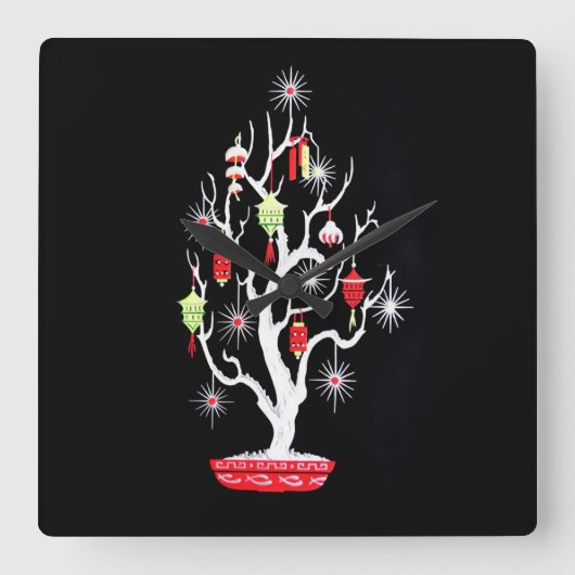 Vintages Mid Century Mod Asiatischer Weihnachtsbau Quadratische Wanduhr (Vorderseite)