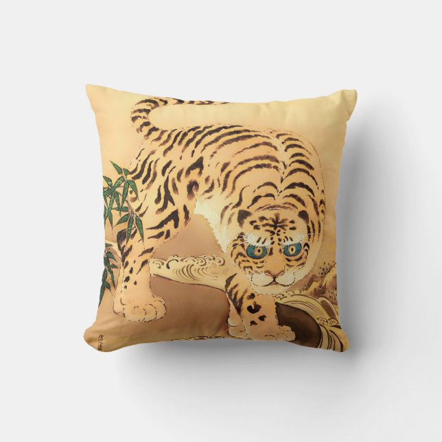 Vintages Minhwa Tiger durch Stream Kissen (Vorderseite)