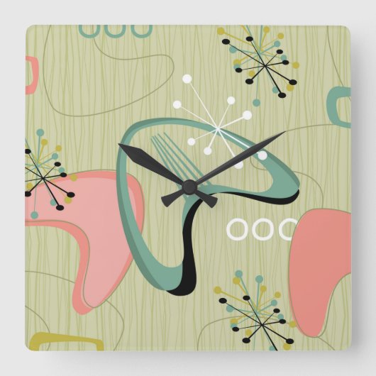 Vintages Mittelalter Moderner Sputnik Rosa Grün Quadratische Wanduhr (Vorderseite)