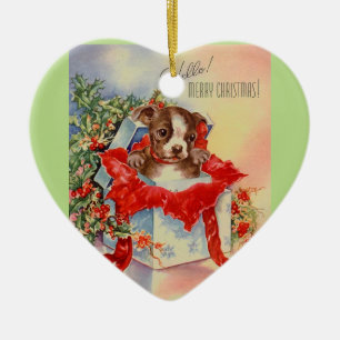 Vintages Mittelalter Schöne Baby Boston Terrier Keramik Ornament