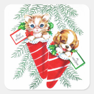 Vintages Mittelalter Schönes Baby Puppy Kitten Quadratischer Aufkleber