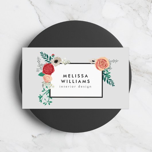 Vintages, modernes Blumenmotiv auf Grau-Designer Visitenkarte