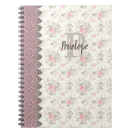 Vintages Monogram Floral Design Pink-Notebook Notizblock (Vorderseite)