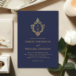 Vintages Monogram Wappen Navy Blue Imitats GoldWed Einladung