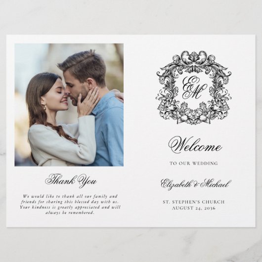 Vintages Monogram Wappen Wedding Foto Programm (Vorderseite)