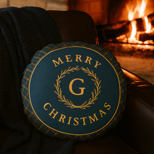 Vintages Monogram Wreath Blue Kariert Weihnachts-F Rundes Kissen