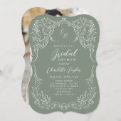 Vintages Monogramm-Brautparty Geblüht Sage Einladung (Vorne/Hinten)