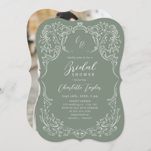 Vintages Monogramm-Brautparty Geblüht Sage Einladung (Vorne/Hinten)