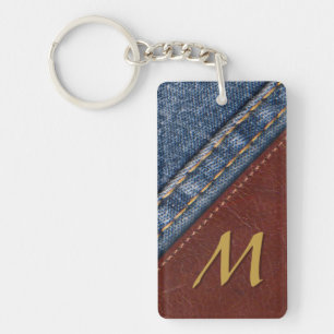 Vintages Monogramm-Denim und Leder Schlüsselanhänger