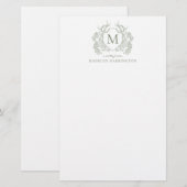 Vintages Monogramm für  Wappen mit grüner Blüte Briefpapier (Vorne/Hinten)