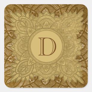Vintages Monogramm, Hochzeit V26, Gold und Braun Quadratischer Aufkleber