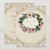 Vintages Monogramm Lace Wild Pink Rose Swirl Forma Save The Date (Vorne/Hinten)