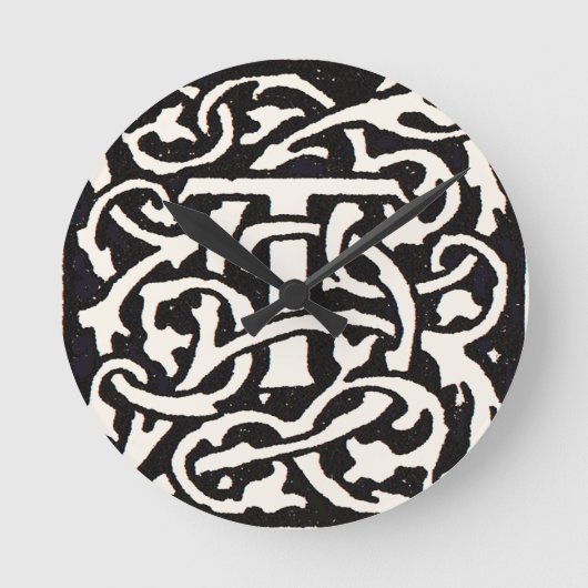 Vintages Monogramm T Art Nouveau Letter Runde Wanduhr (Vorderseite)