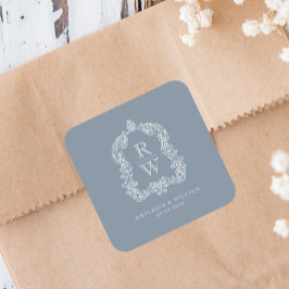 Vintages Monogramm Wappen: Dusty Blue Wedding Quadratischer Aufkleber