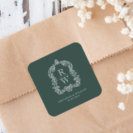 Vintages Monogramm Wappen heißt Forest Green Weddi Quadratischer Aufkleber