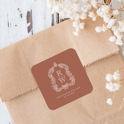 Vintages Monogramm Wappen Name Terracotta Wedding Quadratischer Aufkleber