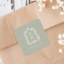 Vintages Monogramm Wappen Sage Green Wedding Quadratischer Aufkleber