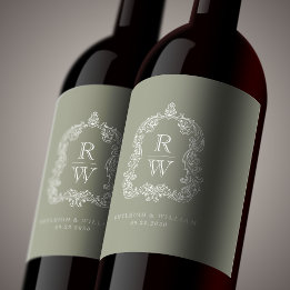 Vintages Monogramm Wappen Sage Green Wedding Weinetikett