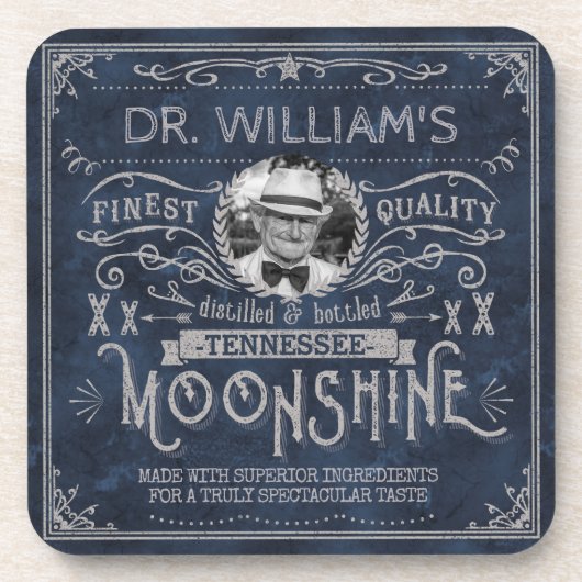 Vintages Moonshine Hillbilly Medicine Custom Blue Getränkeuntersetzer (Vorderseite)