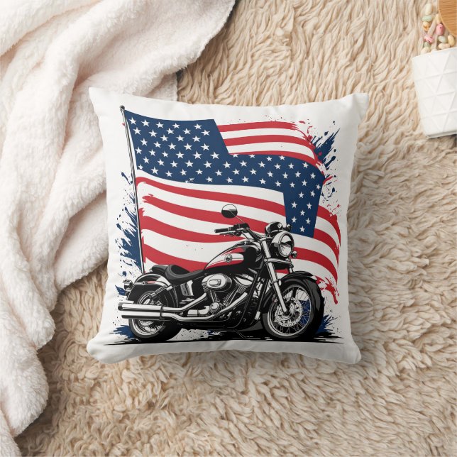 Vintages Motorrad mit amerikanischer Flagge Kissen (Decke)