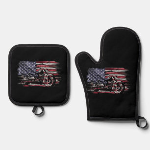 Vintages Motorrad USA Flag Retro Biker, Motorrad Ofenhandschuh & Topflappen-Set