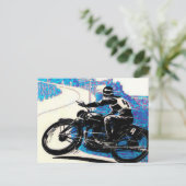 Vintages Motorradrennen - Blaue Landschaft Postkarte (Stehend Vorderseite)