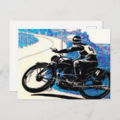 Vintages Motorradrennen - Blaue Landschaft Postkarte (Vorne/Hinten)