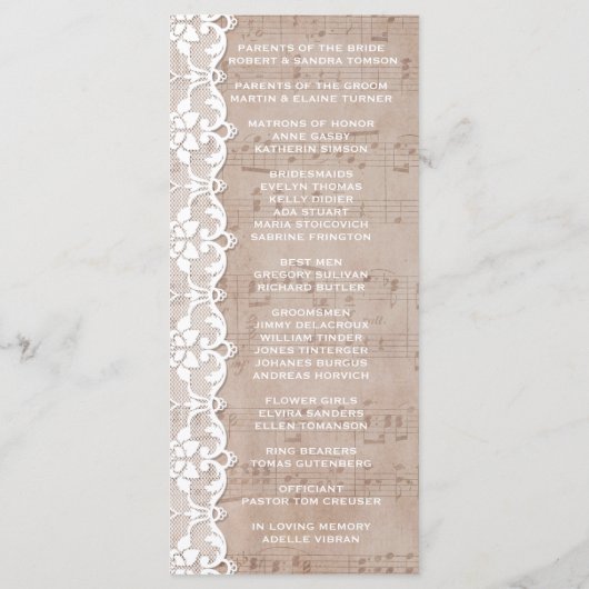 Vintages Musikblatt & Hochzeitsprogramm Programm (Rückseite)