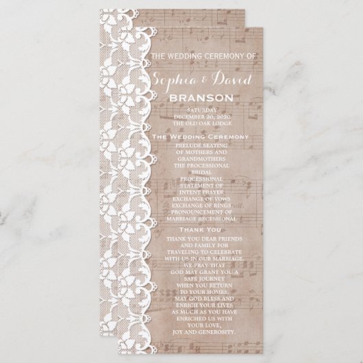 Vintages Musikblatt & Hochzeitsprogramm Programm (Vorne/Hinten)