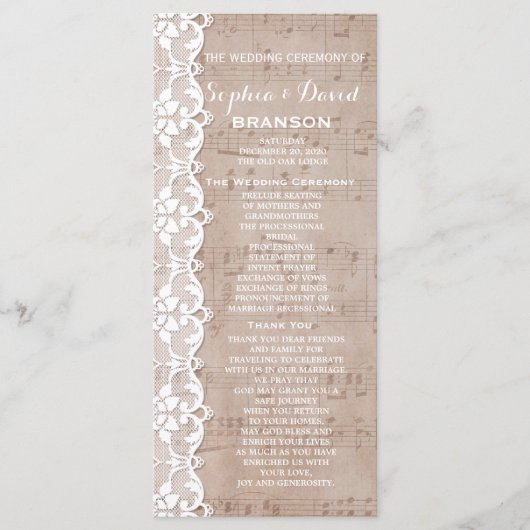 Vintages Musikblatt & Hochzeitsprogramm Programm (Vorderseite)