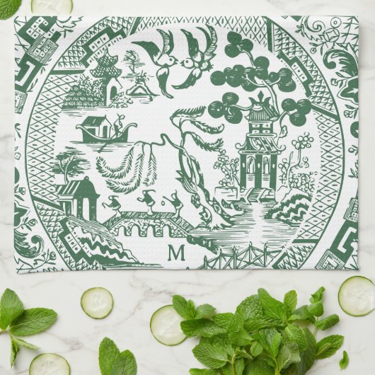 Vintages Muster für die Willow-China, Monogramm Geschirrtuch (Gefaltet)