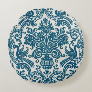 Vintages Muster für Wasserfarben Blau und Weiß Rundes Kissen