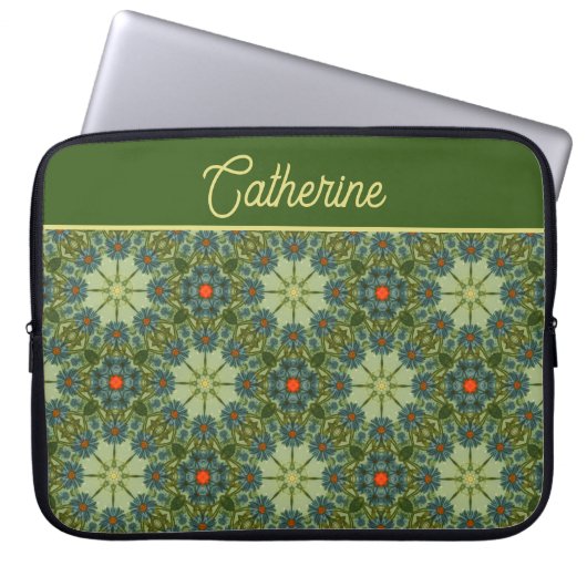 Vintages Muster in Grün mit Blumen Laptopschutzhülle (Vorderseite)