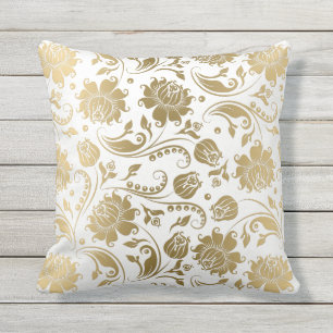 Vintages Muster in weißem und goldfarbenem Blau Kissen Für Draußen