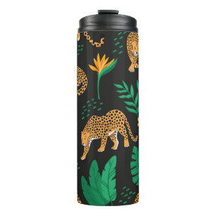 Vintages Muster mit Leoparden und tropischen Blät Thermosbecher