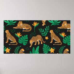 Vintages Muster mit Leoparden und tropischen Blätt Poster
