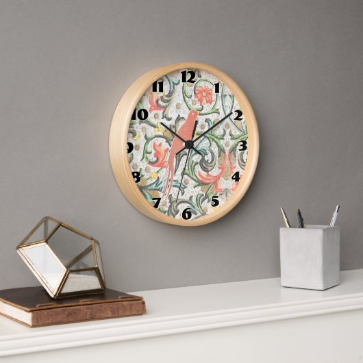 Vintages Muster Peach Love Bird Clock Wanduhr (Büro)