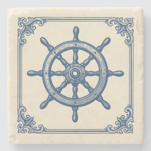 Vintages Nautical Blue Captains Wheel Steinuntersetzer (Vorderseite)