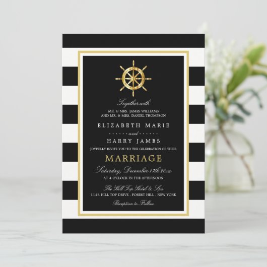 Vintages Nautical Gold Wheel, Black & Gold Wedding Einladung (Stehend Vorderseite)