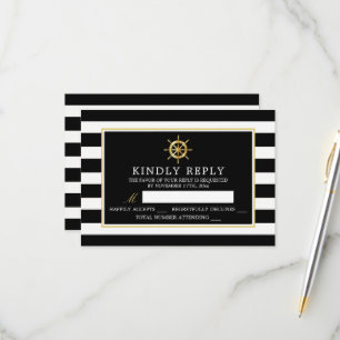 Vintages Nautical Gold Wheel, Black & Gold Wedding RSVP Karte