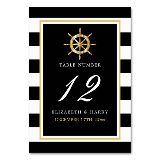Vintages Nautical Gold Wheel, Black & Gold Wedding Tischnummer (Vorderseite)