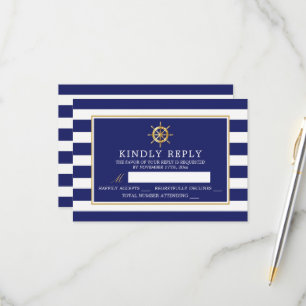 Vintages Nautical Gold Wheel, Navy & Gold Wedding RSVP Karte