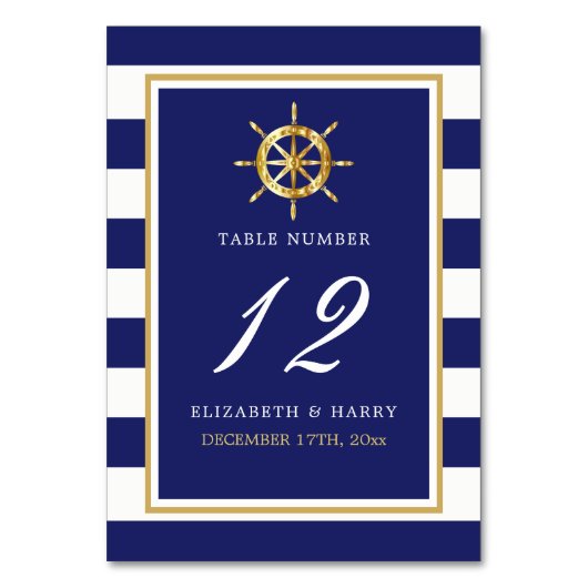Vintages Nautical Gold Wheel, Navy & Gold Wedding Tischnummer (Vorderseite)