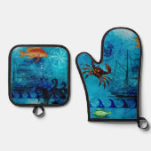 Vintages nautisches Tiefenblau Ofenhandschuh & Topflappen-Set (Vorderseite)