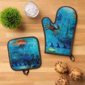 Vintages nautisches Tiefenblau Ofenhandschuh & Topflappen-Set (Oben Unten)