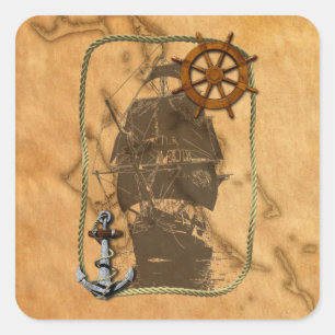 Vintages nautischschiff und Karte Quadratischer Aufkleber