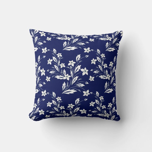 Vintages Navy Blue & White Floral Muster Kissen (Vorderseite)