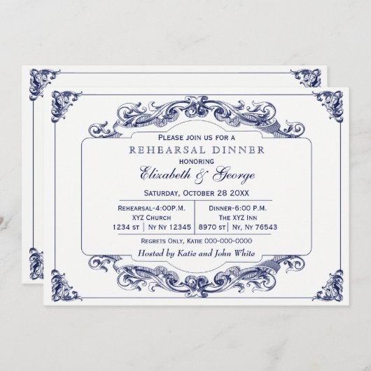 Vintages Navy White Elegante Probe Dinner Einladung (Vorne/Hinten)